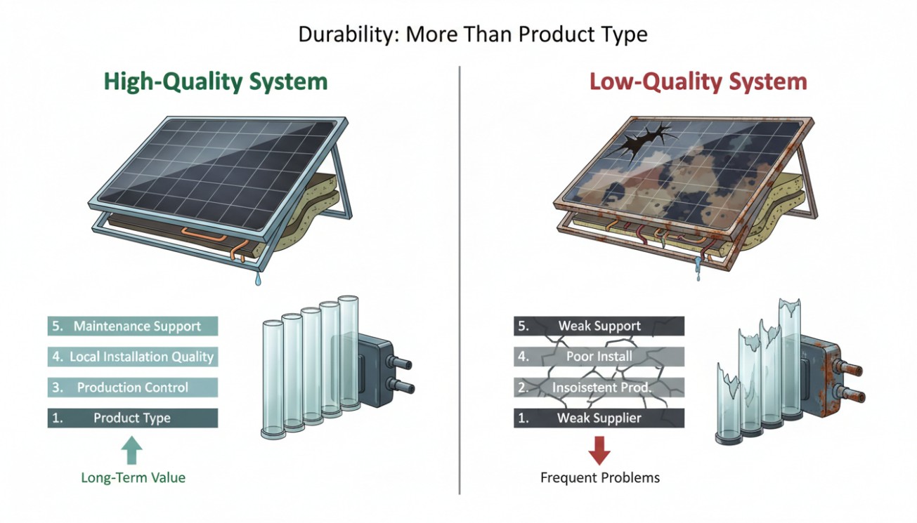 Durability comparison of flat plate and heat pipe solar collectors showing how supplier quality, production control, installation, and maintenance affect long-term value